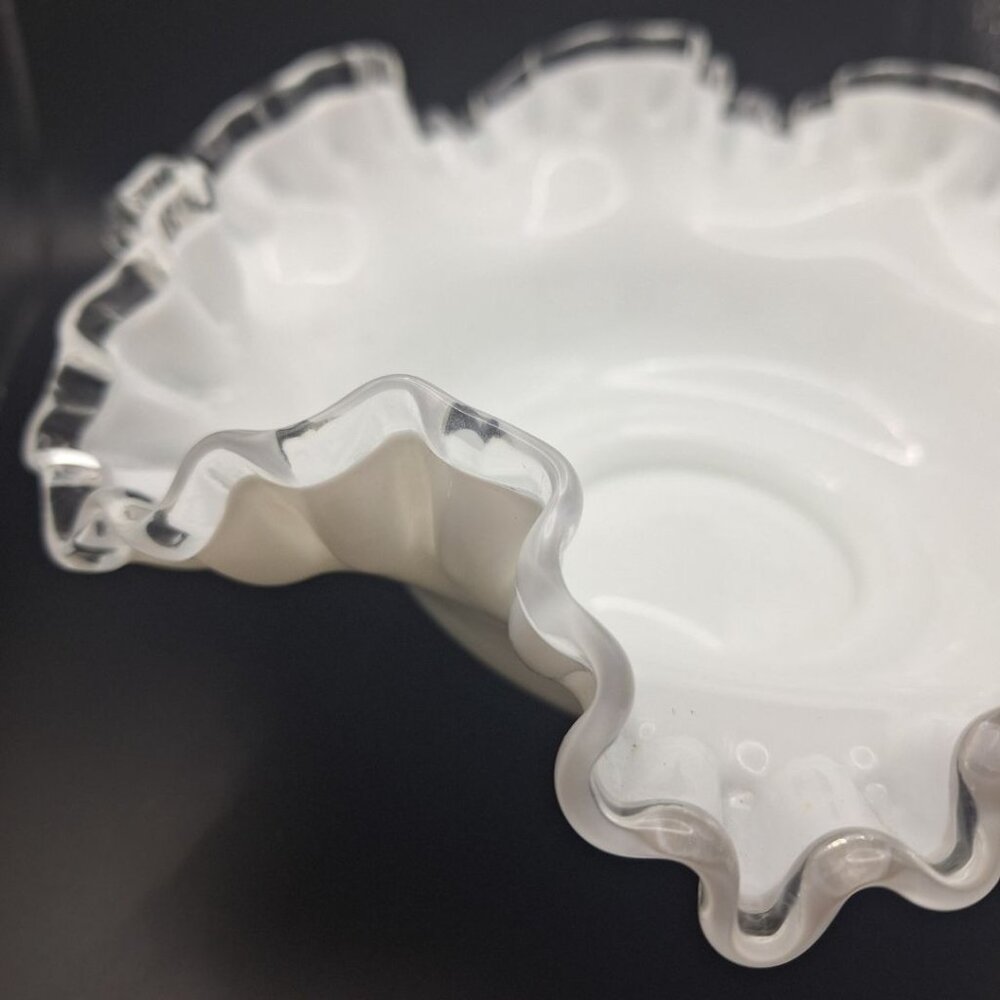 Fenton Silver Crest Ruffle Bowl‎ White Milk Glass Clear Edge 10 Inch Unmarked